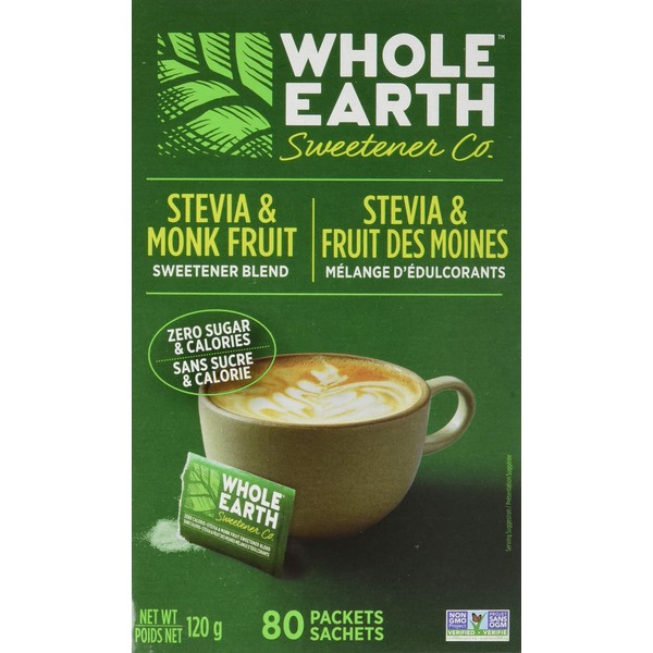Whole Earth Sweetener Company Stevia & Monk Fruit Sweetener, Erythritol Sweetener, Sweet Leaf Stevia Packets, Sugar Substitute, Natural Sweetener, 80-Count