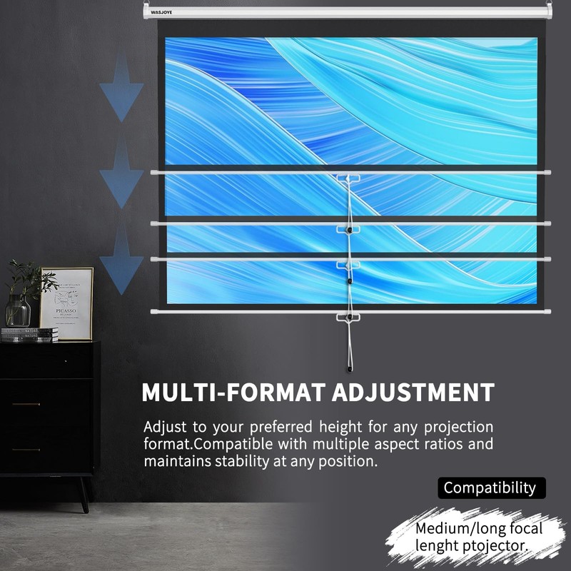WASJOYE 84'' Projector Screen Manual Pull Down - 16:9 HD
