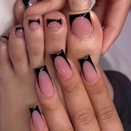 48pcs Square Press On Nails French Tip Fake Toenails Set With Design Medium False Nails Artificial Nails Glossy Nude Glue On Toenails Acrylic Full Cover Stick On Toenails For Women Girls