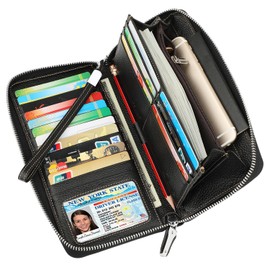 Lavemi Women's RFID Blocking 100% Leather Large Capacity Zip Around Wallet Phone Holder Clutch Travel Purse Wristlet(Large Size Pebble Black)