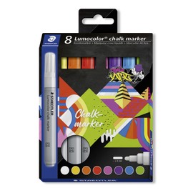 STAEDTLER Lumocolor Chalk Marker, Opaque, Wipe Clean, Bullet Tip, Line Width Approx. 2.4 mm, High Colour Brilliance, 8 Chalk Markers in Assorted Colours, 344 C8