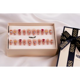 888MILLION Luxury Press On Set False Xtensions Glue and Cuticle Stick 20PCS Couture Quality High Gloss Nails Instant Application With Charms Soft Gel Nail Tip Nail Kit Acrylic Style HAND POLISHED AND CURED HAND MADE Manicure Press On Sets (OSAKA STYLE, L