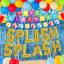 54Pcs Pool Party Decorations Splish Splash Beach Birthday Party Decorations Summer Luau Tropical Beach Pool Decorations Blue Foil Fringe Curtains Colorful Balloons Backdrop for Summer Party