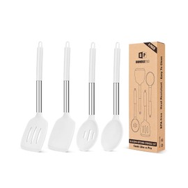 Pack of 4 Silicone Cooking Utensils Set, Non Stick Large Solid Spatulas, Heat Resistant Slotted Spoons, Ideal BPA Free Kitchen Turners for Frying, Mixing,Serving,Draining,Turning,Stirring (WHITE)