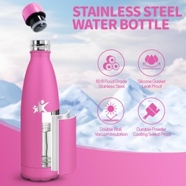 Motswedi Stainless Steel Water Bottle, 500 ml 18/8 Stainless Steel Water Bottle, Children, BPA-Free, Double Walled Thermos Flask, Water Bottle for Outdoor, Yoga, Children, School, Fitness, Pink