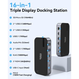 Selore USB C Dock 3 HDMI, Docking Station Dual Monitor,16 in 1 Laptop Docking Station 3 Monitors with Triple HDMI,10G USB A/C 3.1,100W PD,SD/TF,Ethernet,USB C Hub,USB C Dongle for Windows Mac
