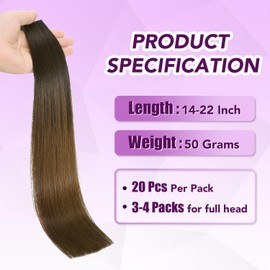 Sindra Natural Black to Brown Hair Extensions Real Human Hair 20 Inches 20 Pieces 50g 50g (T50-1BT4)