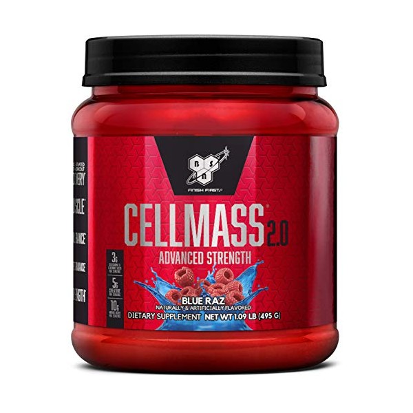 BSN CELLMASS 2.0 Post Workout Recovery with BCAA, Creatine, & Glutamine - Keto Friendly - Blue Raz, (25 Servings)