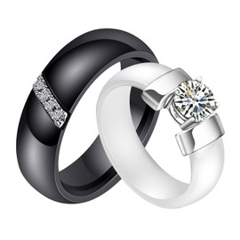 AMDXD Ceramic Ring, 6 mm Faceted Women's Ring & Men's Ring with 5A Cubic Zirconia for Women, Unbreakable & Does Not Discolour, Shiny Engagement Ring & Does Not Scratch, Black/White, Size 49-67