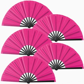 Oncpcare 5 Pcs Large Hand Fan in Bulk, Chinese Japanese Kung Fu Tai Chi Popping Clack Rave Handheld Folding Fans for Line Dancing (Rose Red)