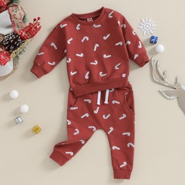 FIOMVA Christmas Outfit Toddler Baby Boy Girl Clothes 0 3 6 9 12 18 24Months 2t 3t Candy Cane Sweatshirt Top+Long Pants Set (Christmas Candy Cane Wine Red, 2-3 Years)