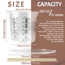 Paint Mixing Cup with Lid Paint Mixing Cup 385 ml Mixing Cup Paint Measuring Cup Disposable Mixing Cup with Mixing Scale with 20 Mixing Sticks (Set of 20)
