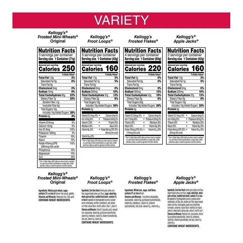 Kellogg's Variety Pack Single Serve Cereals 12 Count Assorted Flavors