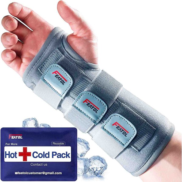 FEATOL Carpal Tunnel Wrist Brace | Night Sleep Support Brace, Removable Metal Wrist Splint- Hot/Ice Pack, Right Hand, Large/X-Large, Adjustable Hand Brace for Men, Women