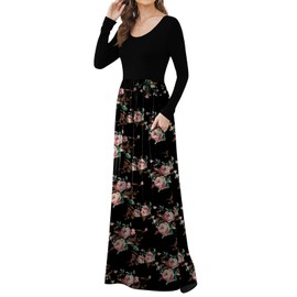 DB MOON 2024 Women Casual Fall Long Sleeve Maxi Dresses Empire Waist Long Dress with Pockets Flower Rose Black L