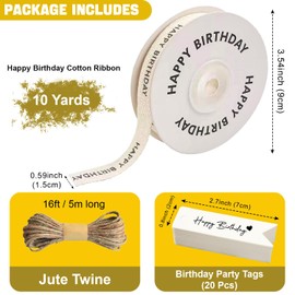 XQIGI Happy Birthday Cotton Ribbon 5/8 Inch x 10 Yard, 20Pcs Birthday Gift Tags with String Attached, Natural Twill Tape for Gift Wrapping Bouquet Crafts Baking Crafts Birthday Party Decor