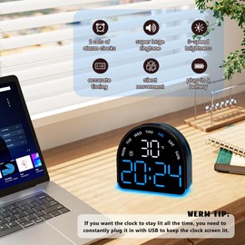 Digital Alarm Clock, Small Semicircle Shaped Led Alarm Clock, Night Light Function & 2 Sets of Alarms, Loud Bell Digital Clock with Temperature Date Display, Bedside Clock for Living Room (Semicircle)