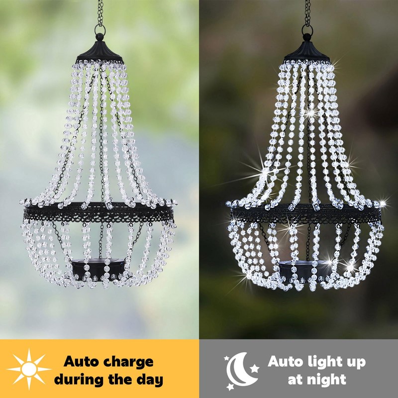 Hanging Solar Lantern Outdoor, 28” Modern Clear Crystal Acrylic Chandelier