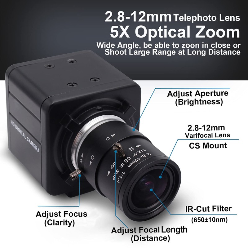 Svpro USB Camera with Zoom 2.8-12 mm Varifocal Lens, 5MP