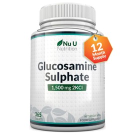 Glucosamine Sulphate 1500 mg 2KCl, 365 Tablets (1 Year Supply) | High Strength Glucosamine Tablets 2KCl | Made in The UK by Nu U Nutrition