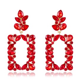 BriLove Bridal Wedding Clip-on Earrings, Art Deco Sparkly Rhinestone Marquise Teardrop Rectangle Geometric Statement Dangle Earrings for Women Ruby Color Gold-Tone