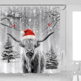 UOZXOML Christmas Highland Cow Shower Curtain Farmhouse Funny Western Cow with Xmas Hat Red Bird Winter Forest Snow Pine Tree Snowflake Natural Scene Fabric Bathroom Decor Curtains with Hooks,70 x 70