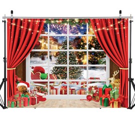 SJOLOON Red Christmas Backdrop Bear Gifts Christmas Tree Photo Backdrop Windows Xmas Background for Family Gathering Christmas Party Decoration 12611 (7x5FT)