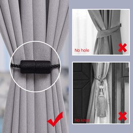 Pretty Jolly 2 Pack Magnetic Curtain Tiebacks 16 Inch Handmade Weave Side Rope Curtain Holdbacks Convenient Decorative Cylinder Curtain Drape Tie Backs for Home & Office Window Drapery (Black)