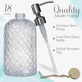 JASAI 18Oz Gem Patterned Clear Glass Soap Dispenser with Rust Proof Pump, Refillable Hand Soap Dispenser for Kitchen, Premium Bathroom Soap Dispenser for Dish Soap, Hand soap, Lotion(Clear).