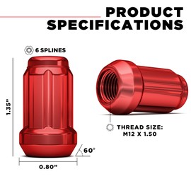 White Knight 3807RDT-20AM M12x1.50 Red 6 Spline Lug Nut with Key, 20 Pack (for AFTERMARKET Wheels with Smaller 0.80" Diameter Seating)