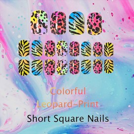 Leopard Print Press on Nails 24Pcs Colorful Gradient Short Square False Nails Cheetah Stick on Fingernails Glossy Silver Glitter Acrylic Fake Nail Curve Line Gel Glue on Nail for Coquette Women Girls