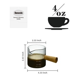 Denovin Glass Measuring Cup, 4oz Espresso Shot Glass with Wood Handle, Single Spout Measuring Triple Pitcher Milk Cup for Coffee Tea (Gray Ribbed）
