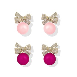 2 Pairs Christmas Bow Earrings for Women 2025 Dainty Pearl Rhinestone Bow Earrings Gold Silver Colorful Cute Earring for Prom Wedding Party Holiday Accessories Stocking Stuffers Holiday Jewelry (Pink+RoseRed)