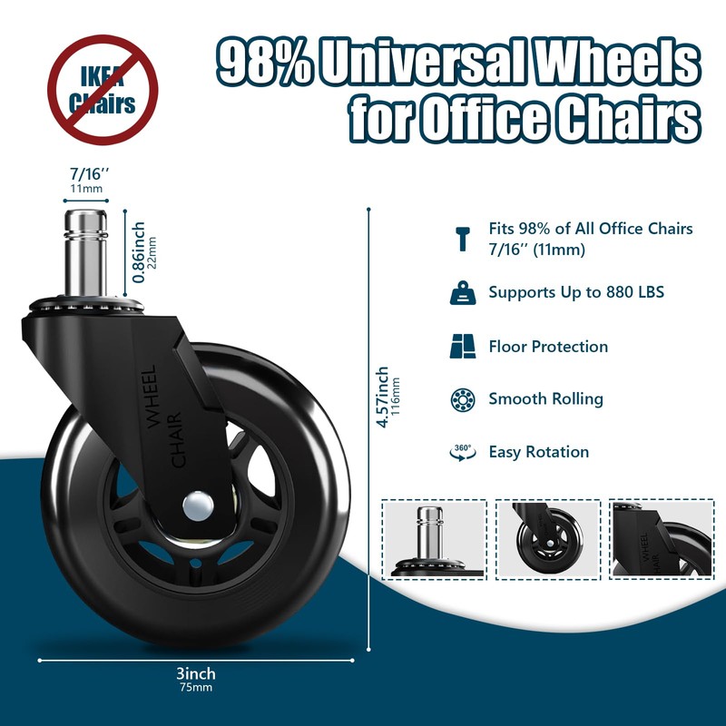 3" Office Chair Wheels Replacement, Roller Blade Wheels - Set
