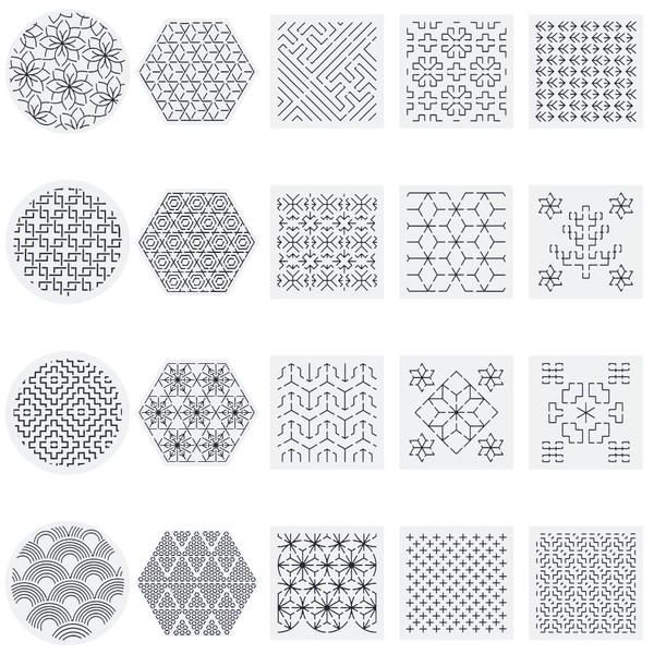 WEBEEDY 20 Styles Sashiko PET Stencils Reusable Geometric Square Circle