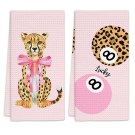 FIicy Pink Leopard Decor Hand Towels Set of 2 - Trendy Pink Preppy Leopard 8 Ball Kitchen Towels, Coquette Bow Cheetah Decor Hand Towel for Bathroom Kitchen, Preppy Coquette Bathroom Decor(16x24Inch)