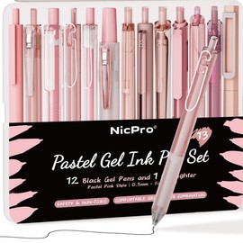 Nicpro 13Pack Pastel Gel Ink Pen Set with Case, Cute Retractable 0.5mm Fine Point Pen, 12 Pink Pens Black Ink with 1 Highlighter, Aesthetic Pens for Student Note Taking,Writing,Office Supplies (Pink):_Pink