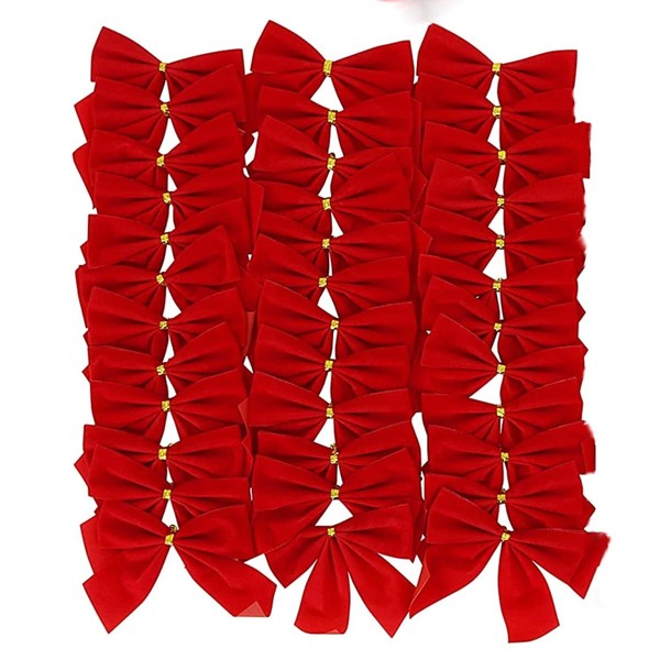 Rocky Mountain Goods Mini Red Christmas Bows Pack of 36-3.5” x 3.5” Small Bows for Christmas Tree - Red Velvet Bows for Ornaments, Crafts, Candy Canes - Gold Wire Twist Tie for Easy Attachment
