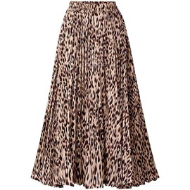 Womens Leopard Print Skirt Long Maxi Elasticated Waist Pleated A Line Skirts Boho Ladies Leopard XS