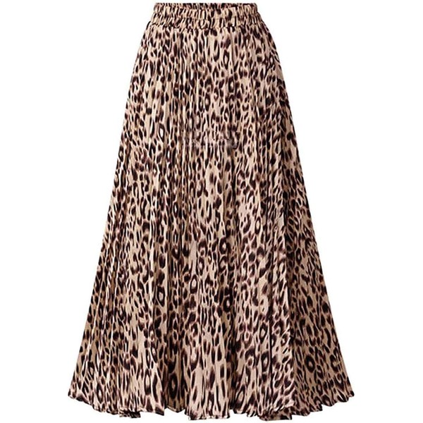 Womens Leopard Print Skirt Long Maxi Elasticated Waist Pleated A