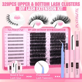 Fluffy Lash Clusters Kit with Bottom Lashes 320pcs Cluster Eyelash Extensions Kit Volume Individual Lashes Kit with Lash Bond and Seal Tweezers by ALPHONSE (150D+200D, 12-20mm)