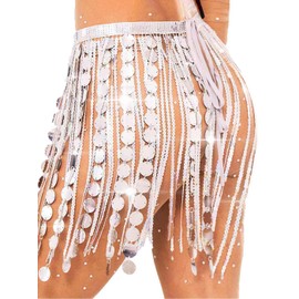 Aukmla Women Sparkly Sequin Belly Dance Skirt Fringe Festival Hip Scarf Dots Tassel Skirts (US, Alpha, One Size, Regular, Regular, Silver)