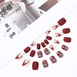 ACEDRE Red Christmas Press on Nails Snowflakes Short Fake Nails Full Cover Fake Nail Decoration for Women(24PCS)