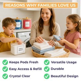 Just Peachy Home Laundry Pods Containers for Organizing Dryer Sheet Holder & Laundry Jars with Lids, Labels & Scoops - Acrylic Laundry Storage Containers for Powder, Pods, Detergent, Scent Booster