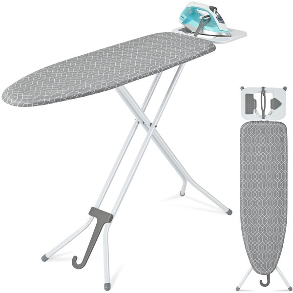 APEXCHASER Ironing Board with Iron Rest, Extra Thick Cover, Iron Board with Smart Hanger, Iron Harness, Height Adjustable, Space Saver for Home Laundry Room Or Dorm Use 13" X 43" Grey