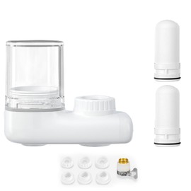CLSSLVVBN Vertical Faucet Mount Water Filtration System Tap Water Treatment Filter with 2 Cartridges (White Transparent)