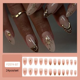 LPOODDNU Gold French Tip Press on Nails 3D Star Sparkle Fake Nails Almond Shape False Nail Tips with Designs Medium Length Artificial Nails Cute Glue on Nails Glossy Stick on Nails for Women