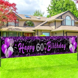 Purple 60th Birthday Decorations for Women, Black Purple Silver Happy 60th Birthday Yard Banner Purple 60th Birthday Yard Sign for 60th Birthday Anniversary Party Supplies Indoor Outdoor Decor