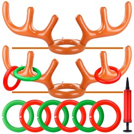 2 Set Inflatable Reindeer Antler Ring Toss Game for Christmas Party, with 2 Antlers and 8 Rings, Family Christmas Party Games for Kids Adults, Fun Xmas Gifts