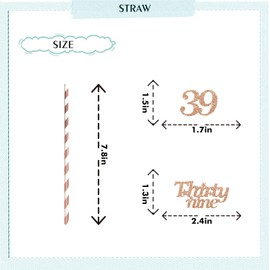 Happy 39th Birthday Straws, Rose Gold Glitter 39 Years Old Paper Straws, 39th Anniversary/Birthday Party Drinking Decorative Straws - 24pcs